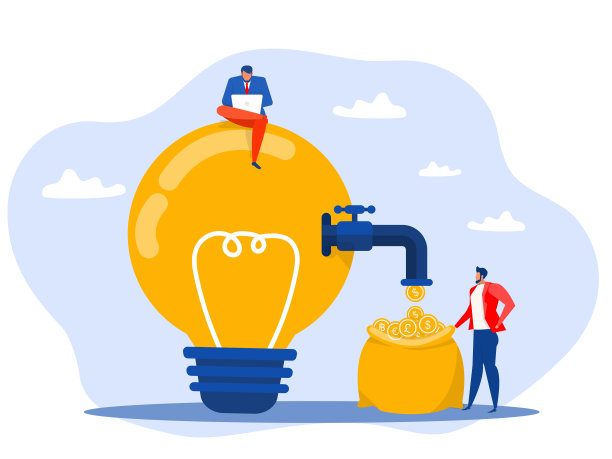 创业企业家从从灯泡创意中流出的收入水龙头中获取资金，从商业创意中赚取或获利图片下载