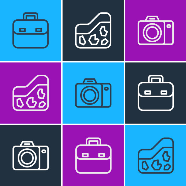 设置线路公文包照片相机和地面图标图片下载