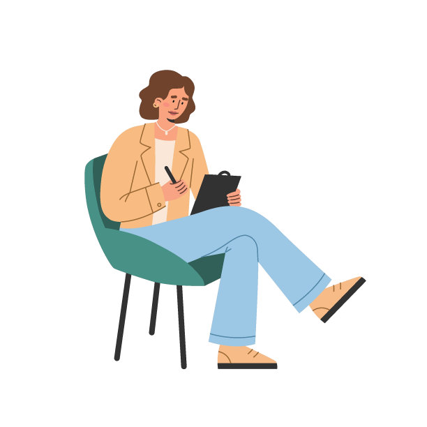 女心理学家角色坐在椅子上写字。图片下载