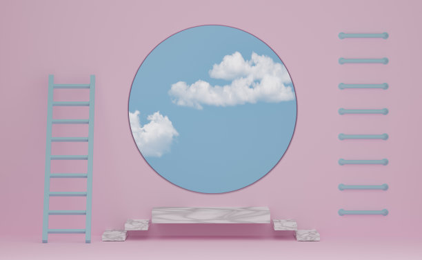 楼梯大理石与几何形状和窗户在粉色粉彩组成的现代舞台展示和极简主义模型，抽象的展示背景，概念3d插图或3d渲染图片下载