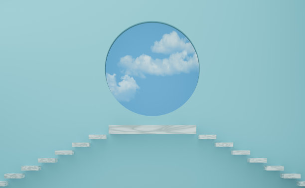 楼梯大理石的几何形状和窗户在天蓝色粉彩组成的现代舞台展示和极简主义的模型，抽象的橱窗背景，概念3d插图或3d渲染图片下载