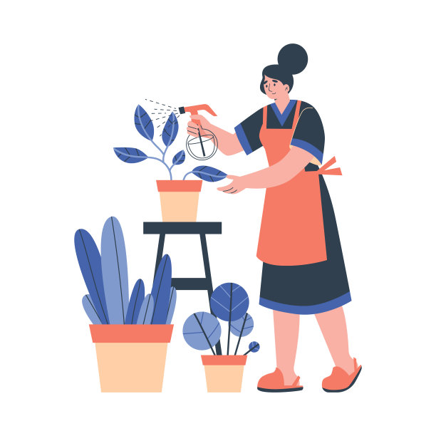 女人在围裙照顾花扁平风格，矢量插画图片下载