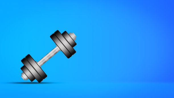 蓝色背景上的哑铃。的影子。副本的空间。文本。运动器材、健身房、健身。体育图片下载
