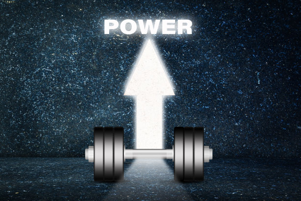 深色背景上的哑铃。发光的箭头。运动力量的概念。运动器材、健身房、健身。体育图片下载