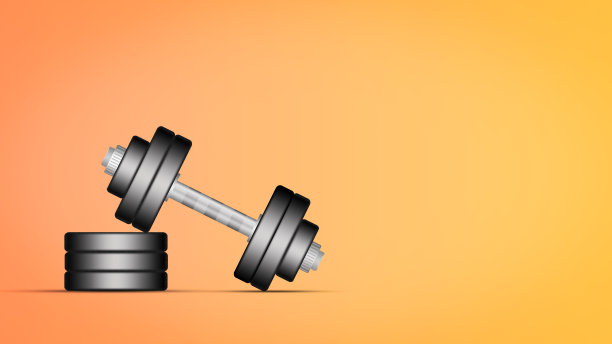 黄色渐变背景上的圆盘哑铃。的影子。副本的空间。文本。运动器材、健身房、健身。体育图片下载