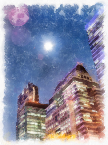 曼谷夜间城市的街道和建筑景观水彩风格插画印象派画作。图片下载