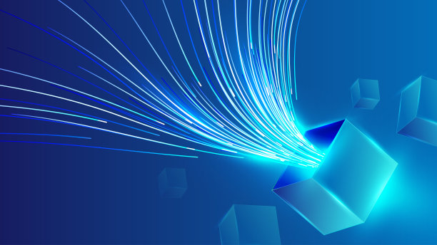 蓝色发光线穿透漂浮立方体的技术感背景图片下载