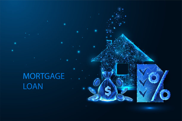 按揭贷款概念与房子，钱袋，合同和百分比标志在深蓝色的背景图片下载