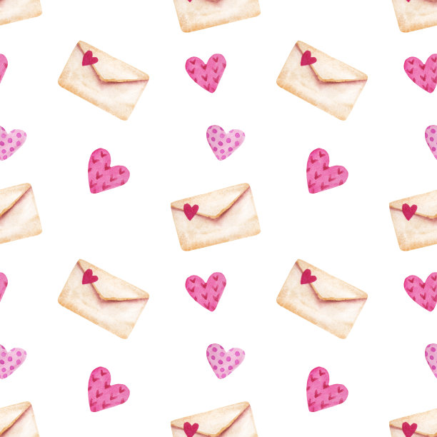 水彩无缝图案与情书和心。信封,消息。爱情，浪漫，情人节。图片下载