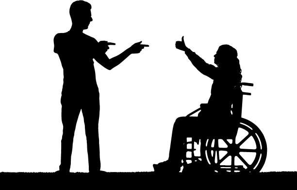 矢量剪影快乐残疾妇女在轮椅上与支持它的男子图片下载