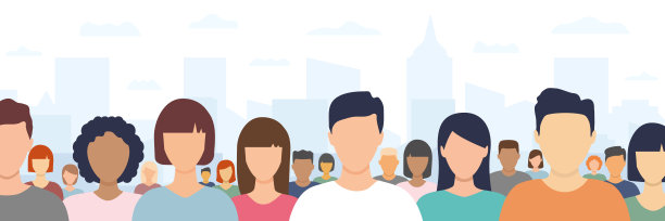 人们穿着便装挤在一起。男性和女性面孔组。图片下载