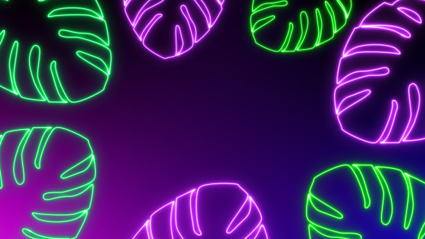 霓虹热带抽象背景。黑暗背景下一株怪兽植物发光的叶子。图片下载