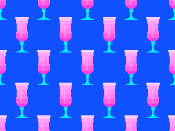 鸡尾酒杯无缝图案。马提尼玻璃像素艺术。90年代电子游戏风格的8位图形。印刷、包装和广告设计。矢量图图片下载