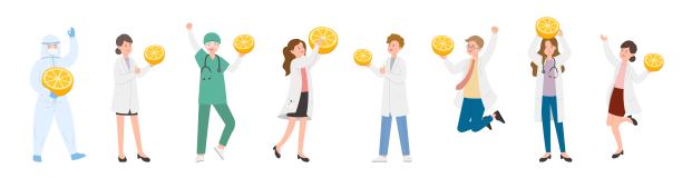 医护人员男女医生或实验室人员组成，医学专家与橘子，医生团队的概念，医务室或实验室，卡通矢量图片下载