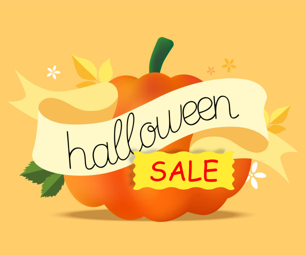 万圣节促销文字与南瓜和树叶在橙色的背景图片下载