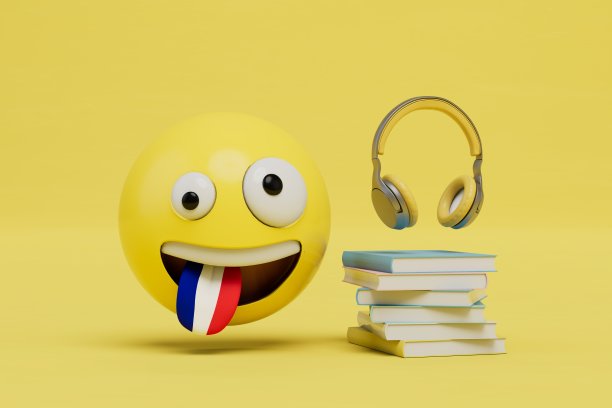 学习法语。书籍、耳机和法国国旗形状的舌头表情符号。3D渲染图片下载