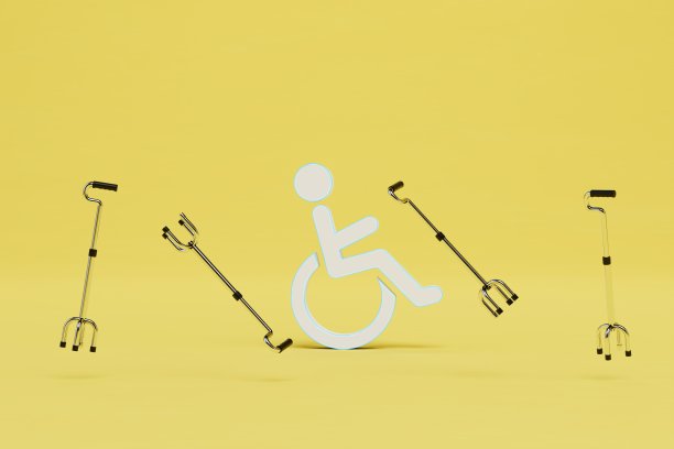 残疾人康复。坐在轮椅上的残疾人，拐杖在他周围飞舞。三维渲染图片下载