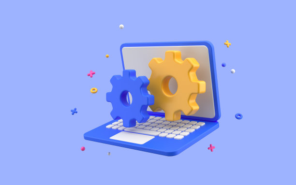 设置齿轮图标，笔记本电脑在蓝色背景。蓝色和黄色齿轮形状Web设计通知图标3d渲染图片下载
