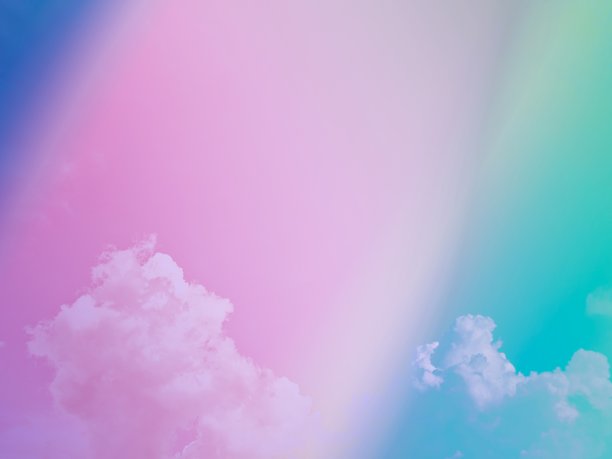 美丽，甜美，粉嫩，绿色，五颜六色，天空上有蓬松的云。多色彩虹图像。抽象幻想生长的灯光图片下载