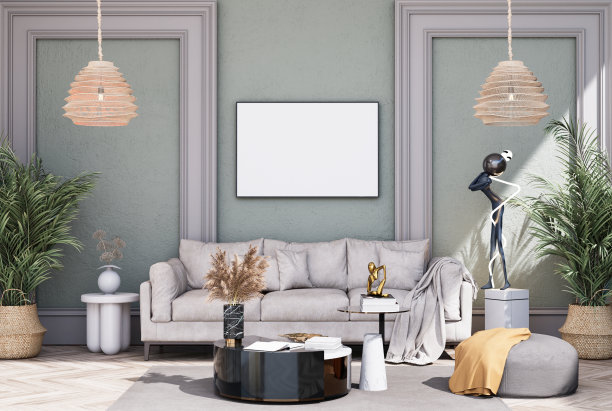 在现代室内装饰齐全的房间里模拟海报框架图片下载