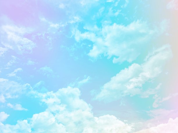 美丽甜美，淡紫色，蓝色，五颜六色，天空上有蓬松的云。多色彩虹图像。抽象幻想生长的灯光图片下载