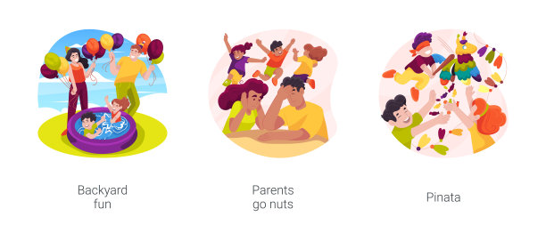 后院生日派对孤立卡通矢量插图套装图片下载