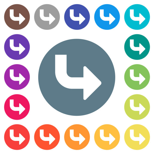 右下角转箭头固体平面白色图标在圆形的颜色背景图片下载