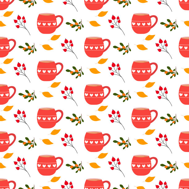 一杯热饮，浆果和秋叶。无缝模式。矢量插图。图片下载