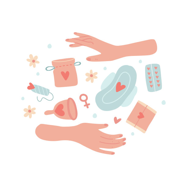 妇女手持经期杯、卫生棉条、月经垫和避孕药。手绘矢量插图孤立在白色背景图片下载