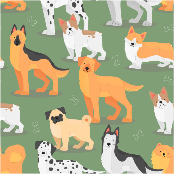无缝模式与不同品种的狗在绿色背景。站在卡通平面风格的狗。说明背景。图片下载