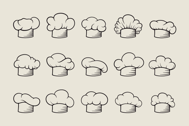 厨师帽，托克单色线性图标集合。矢量厨师，面包师厨师帽设计模板集孤立。面包店，餐厅，厨房制服。概述黑色，白色棉帽子，专业布料图片下载
