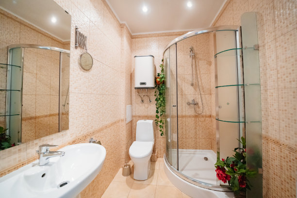 有淋浴和热水器的浴室。装饰里有花。图片下载