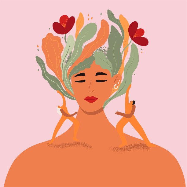 概念心理健康，和谐和支持。快乐女头带花。正念，积极思考，自我关怀的理念。通过治疗、朋友或志愿者给予支持。矢量插图。图片下载