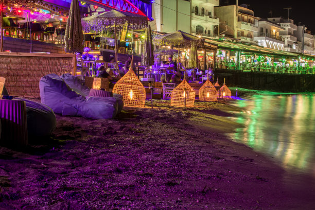 城市景观，水和海滩。照片拍摄在晚上。图片下载