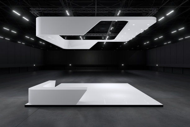 模型展台及企业形象展示设计。空的展台设计。展厅零售摊位元素。展位设计贸易展。图形资源的空白展位系统。3d在线背景活动，会议，直播。3 d渲染。图片下载