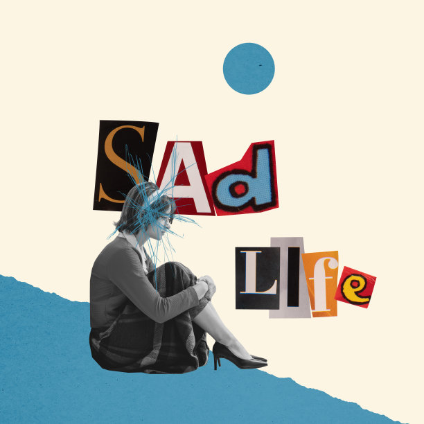 年轻悲伤的女人坐在那里，感到悲伤。当代艺术拼贴。概念上的形象。复古风格的设计理念，内心世界，心理问题，人类的情感，感受，渴望图片下载