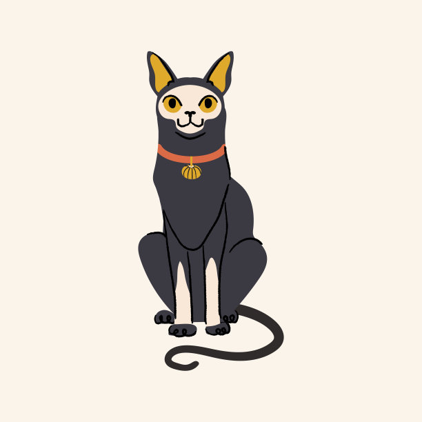 可爱的黑猫与骨骼孤立在米色背景。万圣节动物形象插画快乐图片下载