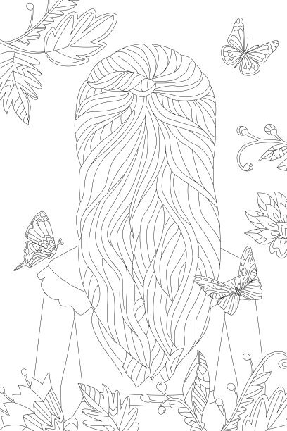 漂亮的女孩，长长的卷发，背站着。为你的涂色书设计时尚发型图片下载