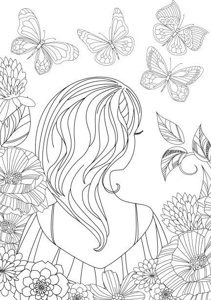 看蝴蝶的漂亮女孩。着色页面图片下载