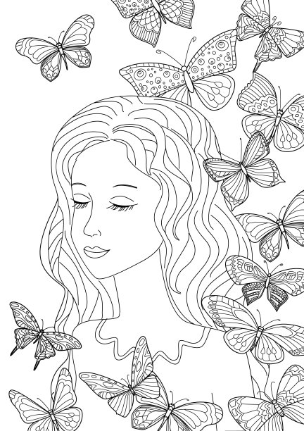 快乐的女孩和飞翔的蝴蝶为你的涂色页图片下载