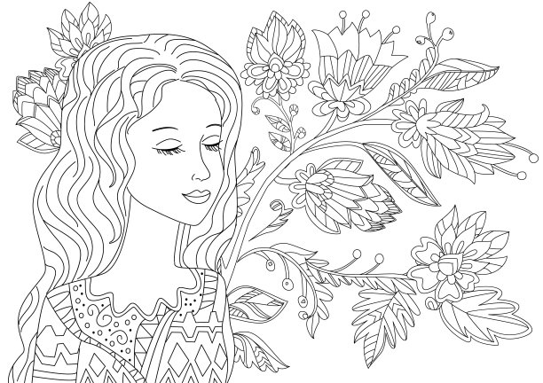 梦幻女孩闭着眼睛在幻想森林为你的涂色页图片下载