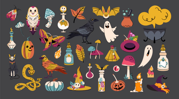 可爱的万圣节矢量集幽灵，蝙蝠，南瓜，蜡烛，魔法瓶，乌鸦，蛇，女巫帽子和蘑菇。平面插图孤立在黑色背景上。收集有趣的万圣节图片下载