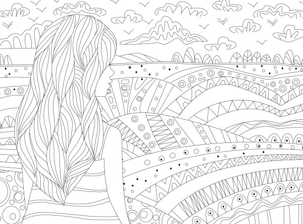 背面的一个可爱的女孩波浪头发条纹连衣裙看着乡村风景为你的涂色书图片下载