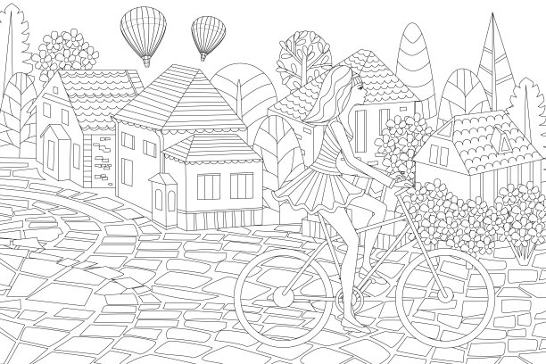 时尚女孩为了你的涂色书在甜蜜小镇骑自行车图片下载