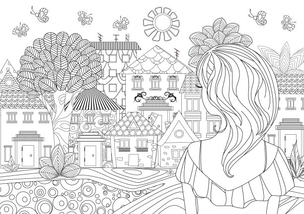 漂亮女孩在看城市风景。着色页面图片下载