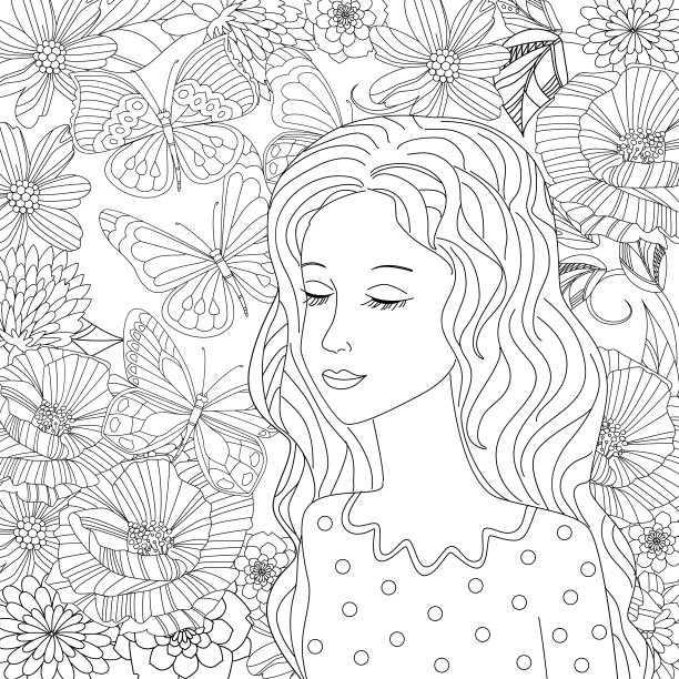 梦幻的女孩闭着眼睛在花圃里为你涂色图片下载