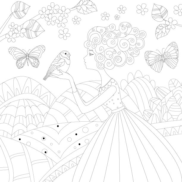 漂亮的女孩站在户外的夏天，抱着鸟对山景观为您的着色页图片下载