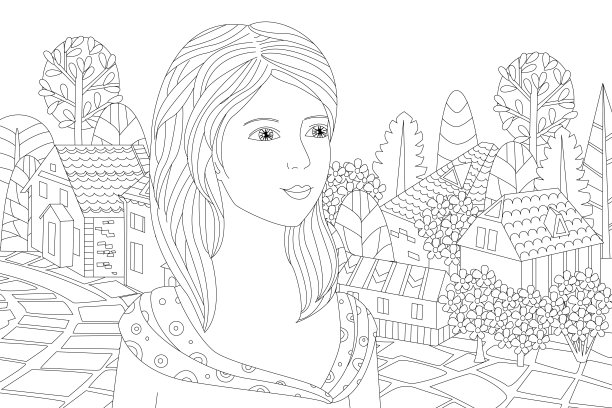 漂亮的女孩站在一边，看着可爱的城市风景，为你的涂色书图片下载