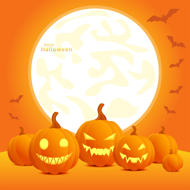 在满月的背景下，南瓜有着明亮的面孔。万圣节快乐，矢量插画图片下载