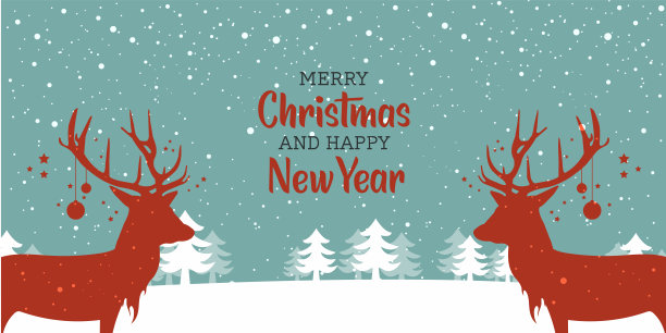 节日鹿，圣诞快乐和新年字体的背景与冬季景观雪花，星星图片下载